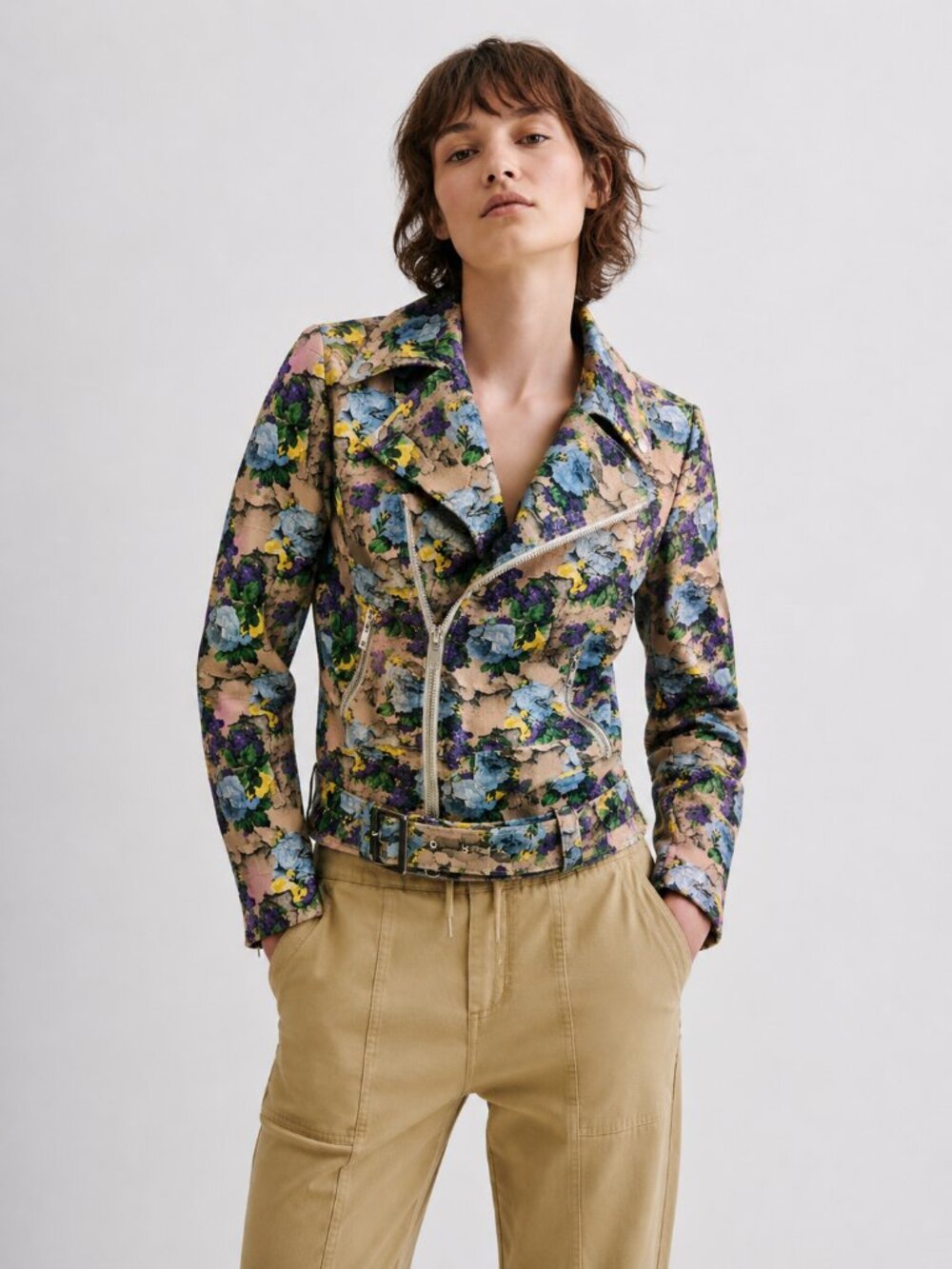 MSGM‎ 100% Cotton Tan Purple Yellow Floral Moto Biker Jacket